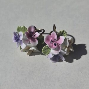 Vintage Made in England Bone China Floral Screw Back Earrings Purple Pink